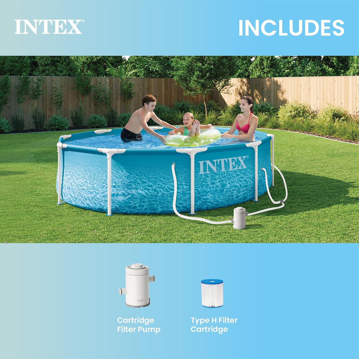 Intex Beachside - Marco de Metal de 3 m x 30 Pulgadas, Piscina sobre el | 28207EP - Bomba de filtro de cartucho 330 GPH y cartucho de filtro tipo H incluido