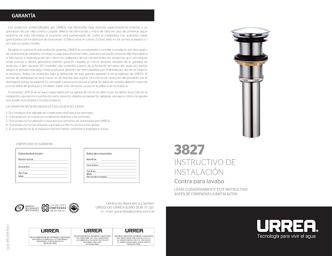 Urrea 3827 Contra Push sin Rebosadero para Lavabo, Acabado Cromo