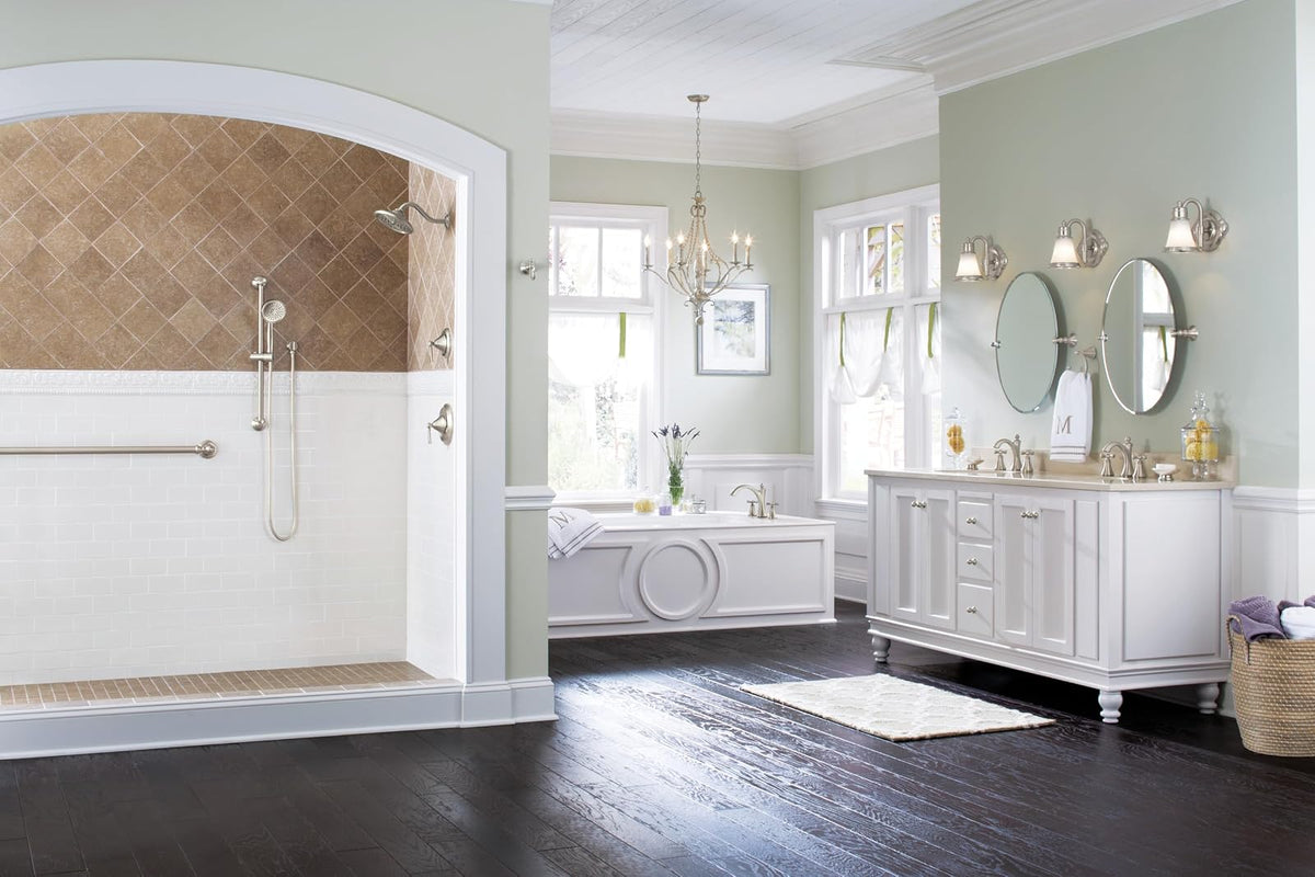 Moen Glenshire DN2692BN - Espejo de baño Giratorio sin Marco, níquel Cepillado, 26 x 22 Pulgadas, Espejo de Pared inclinable Ovalado
