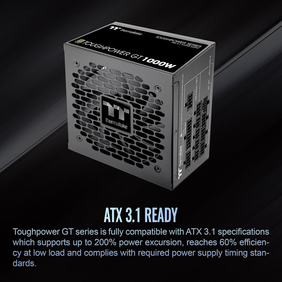 Thermaltake Toughpower GT 1000W; ATX 3.1; PCIe nativo 5.1 12V-2x6; modular completo; cables planos; conectores a juego de color; condensadores principales japoneses; oro 80 Plus; 140 mm; negro; PS-TPT