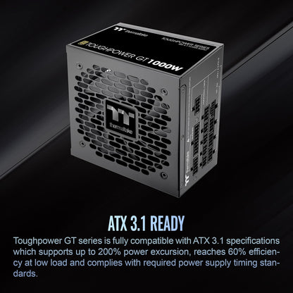 Thermaltake Toughpower GT 1000W; ATX 3.1; PCIe nativo 5.1 12V-2x6; modular completo; cables planos; conectores a juego de color; condensadores principales japoneses; oro 80 Plus; 140 mm; negro; PS-TPT