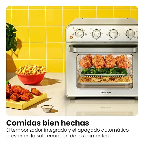 Chefman Combo de horno tostador de freidora de aire, 7 en 1, horno de convección extra grande de 18 L, cocinar una pizza de 10 pulgadas, temporizador integrado, apagado automático, acero inoxidable