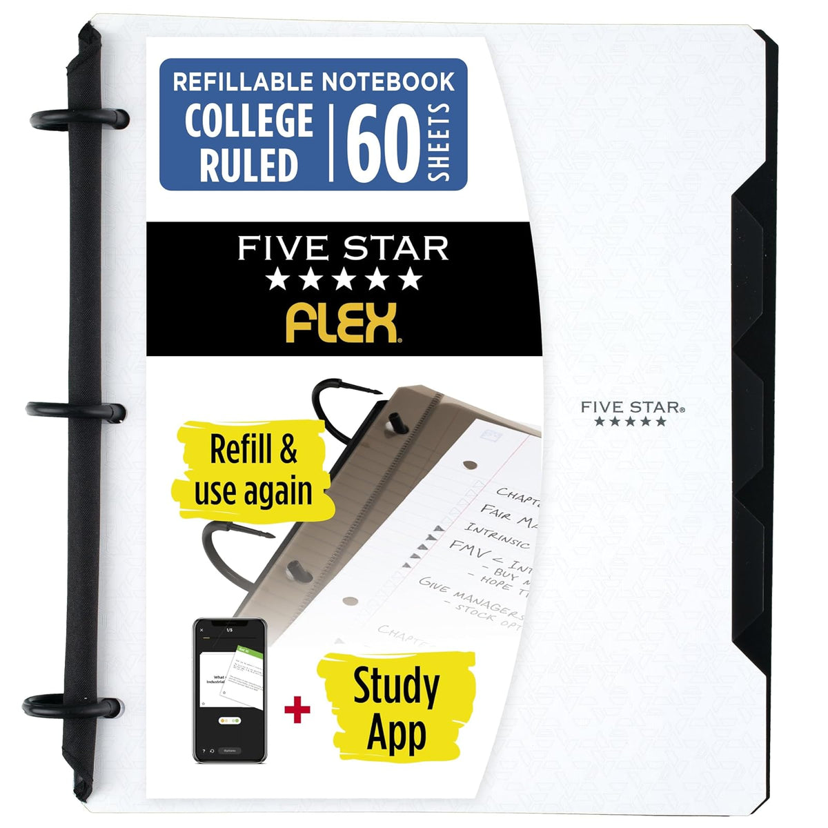 Five Star Flex Hybrid NoteBinder 3 Argollas, 80 Hojas Rayadas - 11.5" x 9.5" - COLOR BLANCO