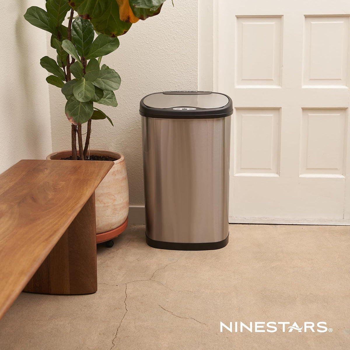 NINESTARS DZT-50-13 la papelera original sin contacto con sensor de movimiento automático, parte superior negra, 13.2 galones / 50 L, Acero Inoxidable, Art Deco, Acero inoxidable, 13 Gal. 50 L, 1