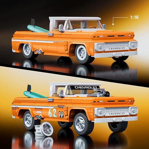 Hot Wheels Brick Shop Juguete de Construcción Custom Chevy '62 Pickup 1:16 | Serie Elite; incluye motor expuesto, calcomanías, placa de colección y auto de metal, para coleccionistas