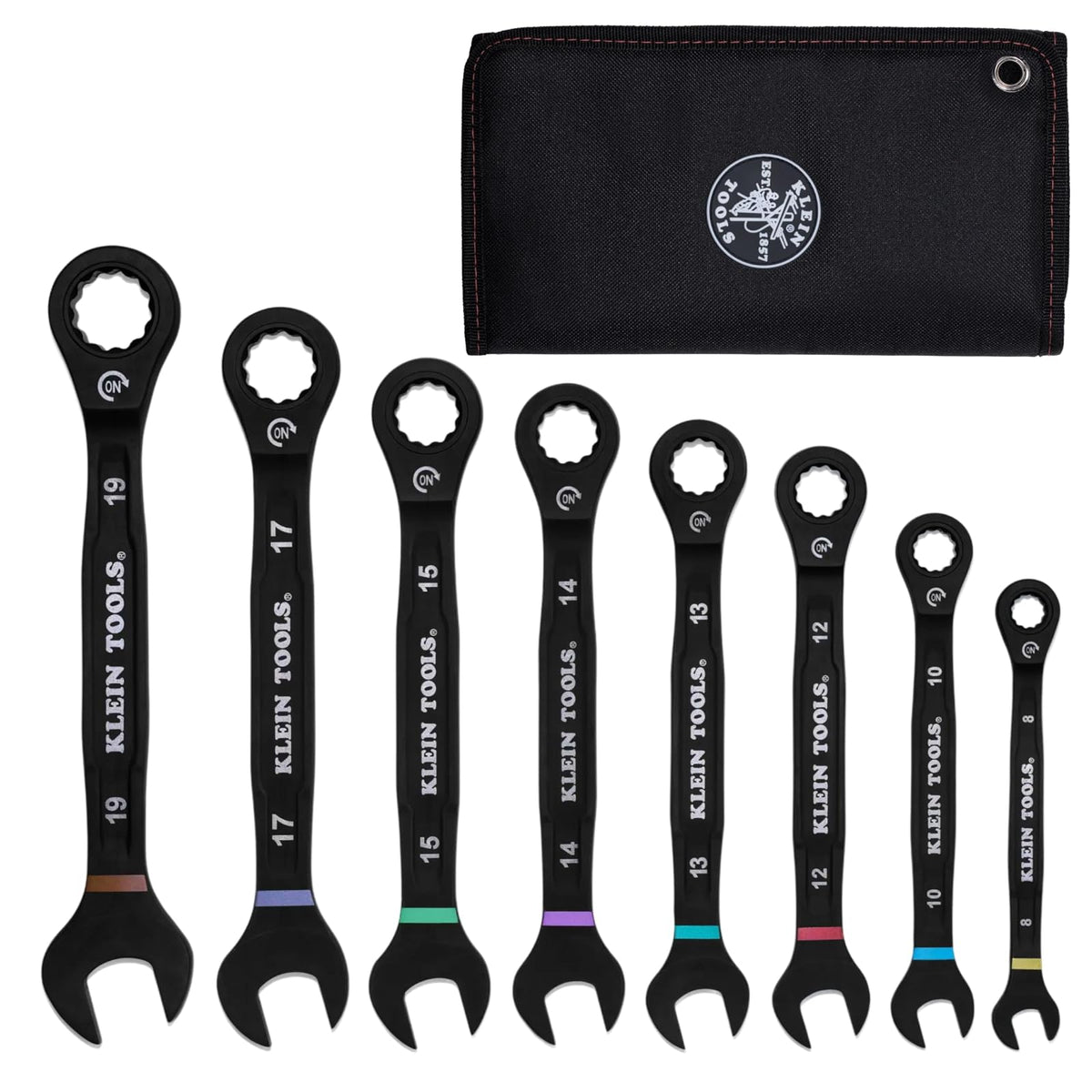 Klein Tools 69408MG Juego de llaves combinadas de carraca, métricas, 8 piezas, 8 a 19 mm, aleación de acero, bolsa de espuma, 90 dientes