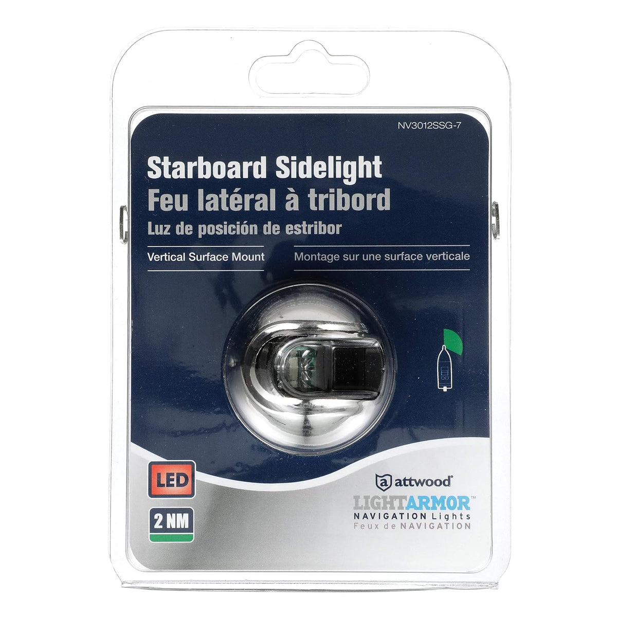 attwood NV3012SSG-7 LightArmor™ Luz de navegación Vertical de Montaje en Superficie de 2 Millas, iluminación LED Verde, Carcasa Redonda de Acero Inoxidable
