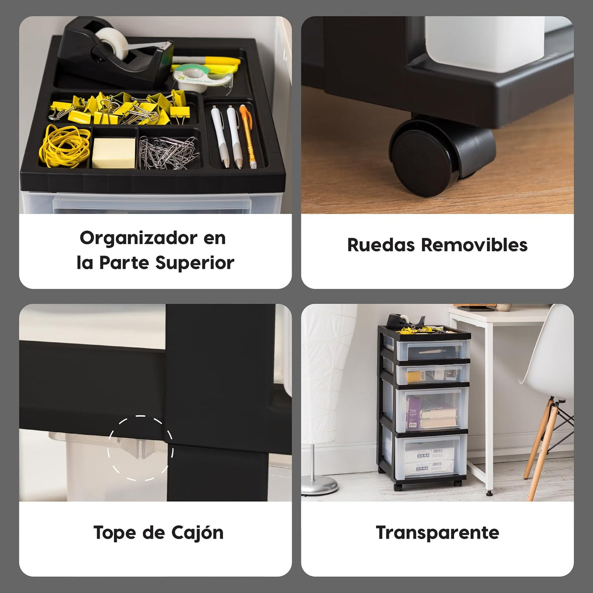 IRIS USA Carrito Organizador con Ruedas de 4 Cajones, Negro/Transparente | Organiza manualidades, artículos de oficina, salón y accesorios con cajones de fácil acceso para uso diario