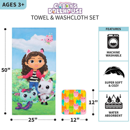 Franco Gabby's Dollhouse, Gabby, Mercat y Pandy - Toalla de Rizo de algodón Suave Absorbente con Toalla, Juego de 2 Piezas, 50 x 25 Pulgadas, (Producto Oficial DreamWorks)