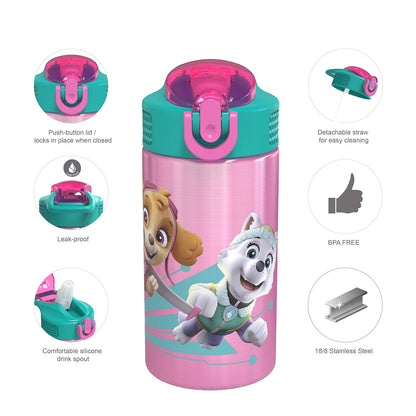 Zak Designs - Botella de agua para niños de acero inoxidable 18/8 de 15,5 oz con tapa abatible con cierre de popote, taza duradera para deportes o viajes, Paw Patrol Skye