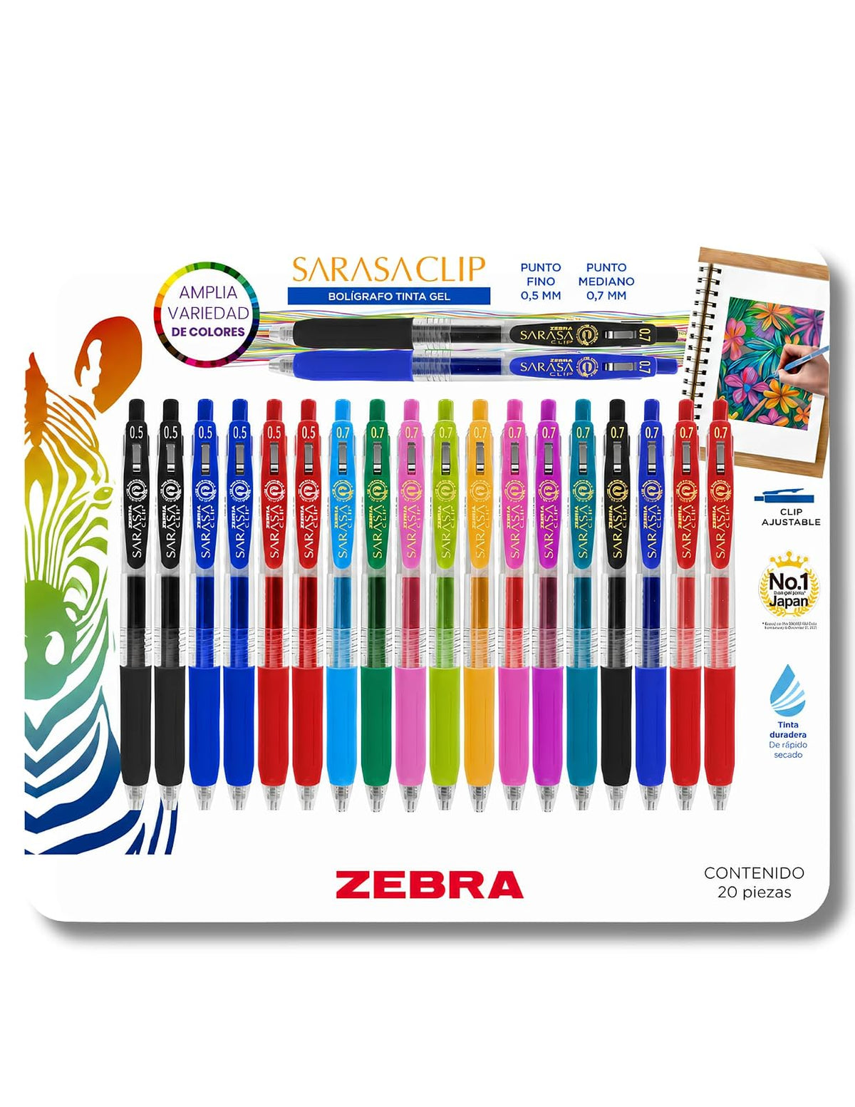 Zebra Set Sarasa Clip Bolígrafo retráctil Tinta gel Secado rápido Punto 0,5 mm y 0,7 mm 20 colores variados