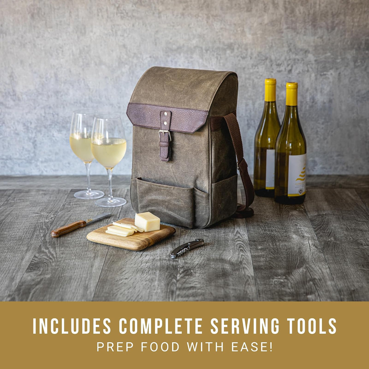 Picnic Time - Bolsa de Vino aislada de 2 Botellas con Tabla de Queso y Juego de Cuchillos, Bolsa de Picnic para Vino, Lona Encerada Envejecida, (Verde Caqui con Detalles café)