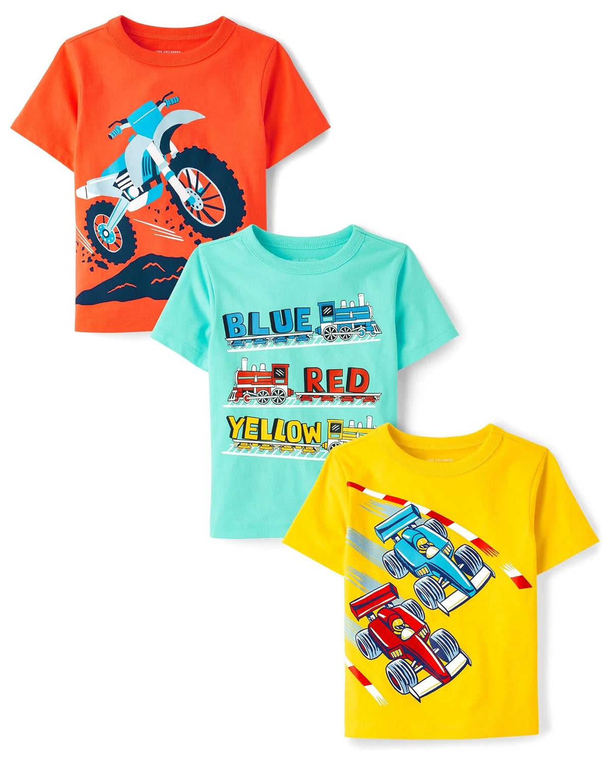 The Children's Place Camisetas Gráficas Manga Corta para Niño - Trenes de color - coches de carrera - moto, paquete de 3 - 5T