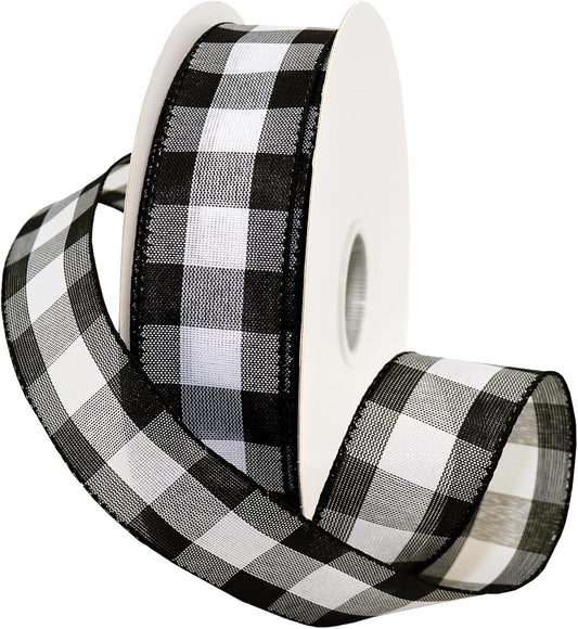 Morex Ribbon Cambridge - Cinta a cuadros con alambre en blanco y negro, para envolver regalos, cintas para el pelo para manualidades, decoraciones de Navidad para decoración del hogar, suministros y materiales de manualidades, 3.8 cm x 45.7 m