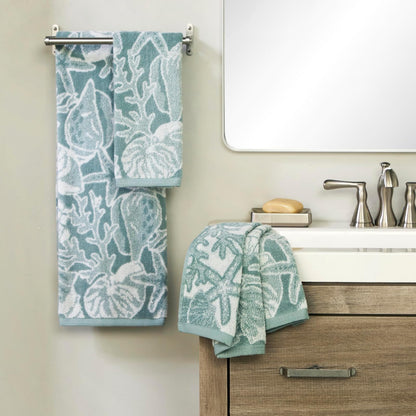 SKL Home South Seas Shell - Juego de Toallas de Mano de 2 Piezas, 100% algodón, 550 g/m², Jacquard Reversible, Suave y Absorbente, Tropical, Costera/Playa/Complejo para baño, Cocina, Bar y Regalo