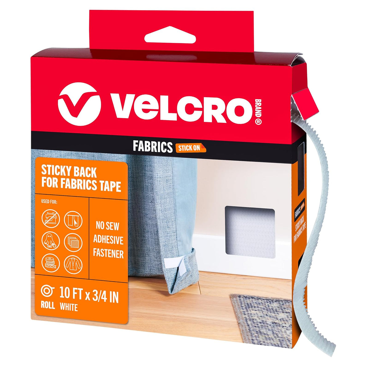 Cinta adhesiva de tela VELCRO, rollo a granel de 10 pies con calcomanía, tiras cortadas a la longitud, unión permanente a la ropa para dobladillo, reemplaza cremalleras y broches, color blanco