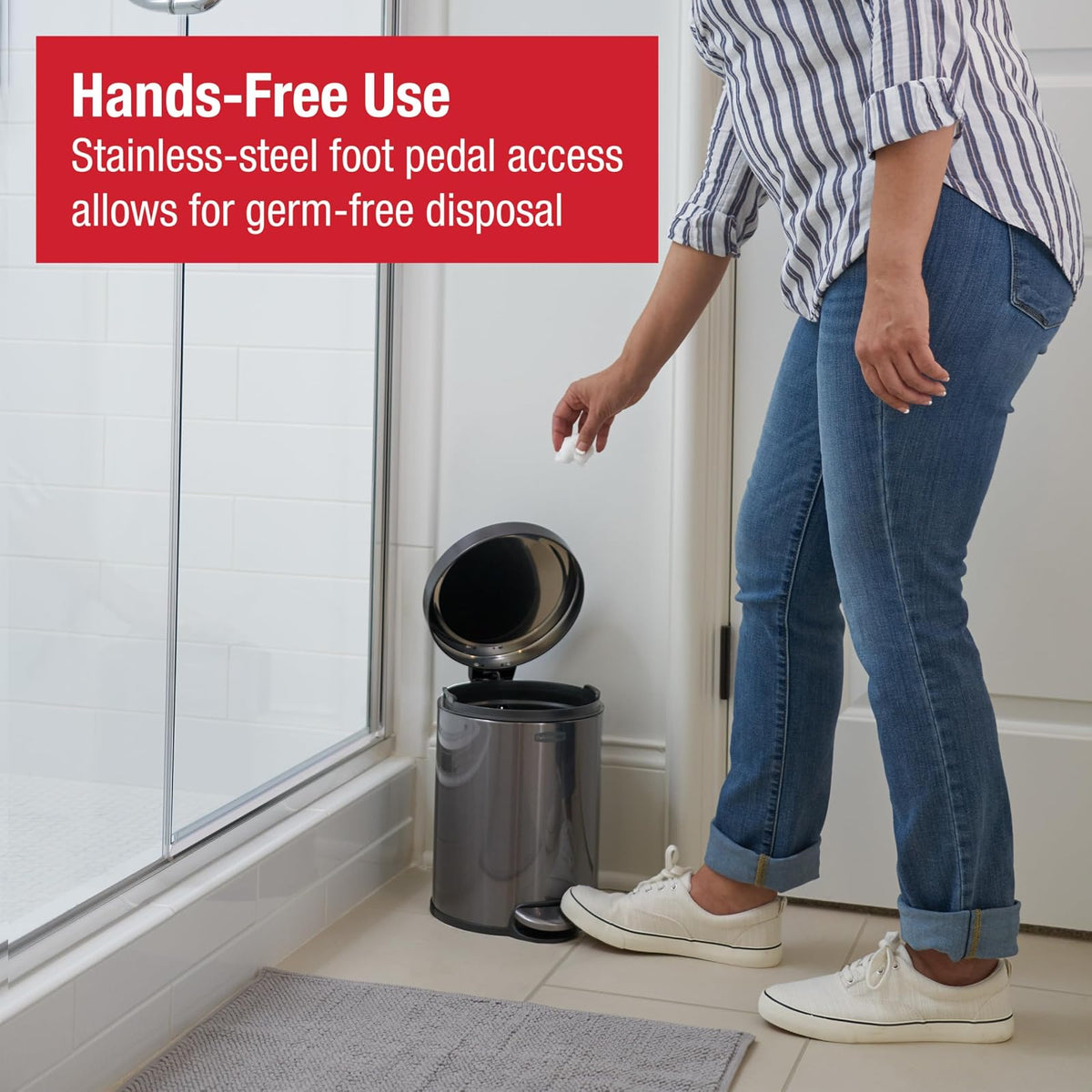 Rubbermaid – Cesto Redondo con Pedal para Baño, Recámara y Oficina en Casa, Bote de Acero Inoxidable Resistente a Huellas con Liner Interno Removible, Capacidad de hasta 6 L, Gris Carbón 2179250