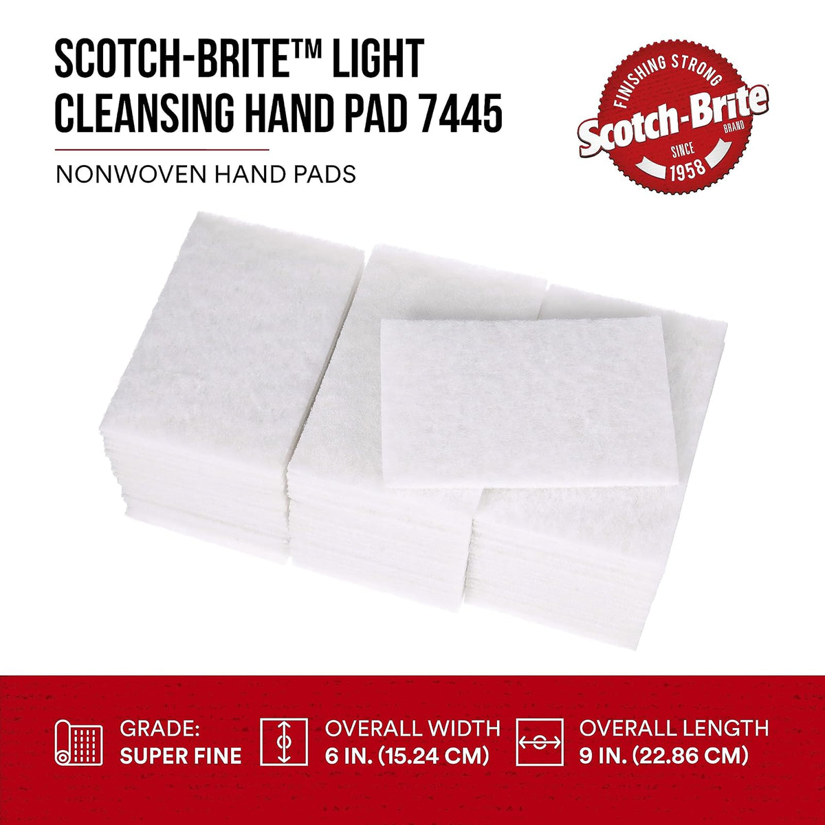 Scotch-Brite - Almohadilla de limpieza ligera para manos 7445, 6 x 9 pulgadas, almohadilla abrasiva suave para lijar, para metal, vinilo, porcelana y otras superficies delicadas, paquete de 20
