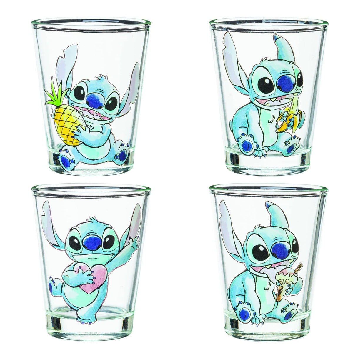 Silver Buffalo Disney Lilo and Stitch Poses con fruta, helado y corazón, paquete de 4 mini vasos, 1.5 onzas