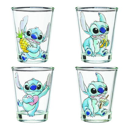Silver Buffalo Disney Lilo and Stitch Poses con fruta, helado y corazón, paquete de 4 mini vasos, 1.5 onzas
