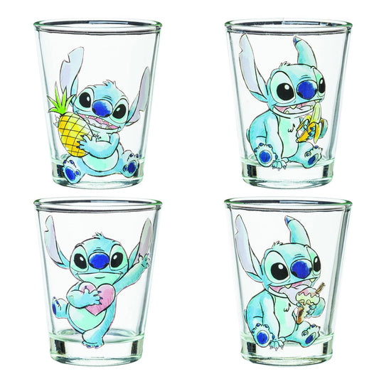 Silver Buffalo Disney Lilo and Stitch Poses con fruta, helado y corazón, paquete de 4 mini vasos, 1.5 onzas