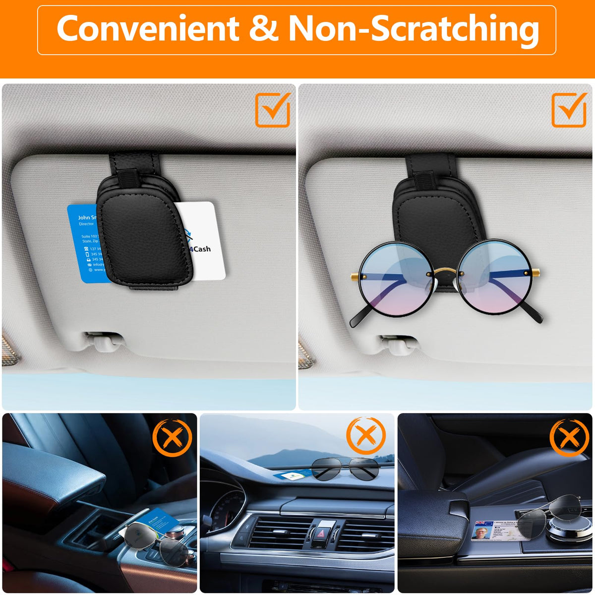 Tecfino - Soporte de anteojos de sol para visera de automóvil, paquete de 2 clips magnéticos de piel para visera de automóvil, soporte para anteojos de automóvil y clip para tarjeta de boletos, soporte para anteojos para accesorios de visera de automóvil (negro)
