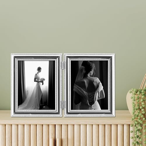 Lawrence Frames 510745D Silver Plated Double Bead Hinged Double Picture Frame, 4 by 5 inch