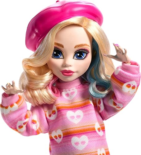 Monster High Wednesday Muñeca y Accesorios, Enid Sinclair Coleccionable en Moda Rosa con Boina y Mochila, Soporte para muñecas
