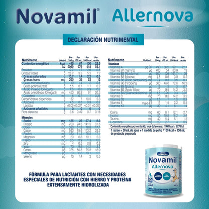 NOVAMIL ALLERNOVA - Etapa desde el nacimiento hasta los 36 meses. Fórmula para bebés y niños con intolerancia a la lactosa o alergia a la proteína de leche, fomenta un óptimo crecimiento y desarrollo. Lata con 400g
