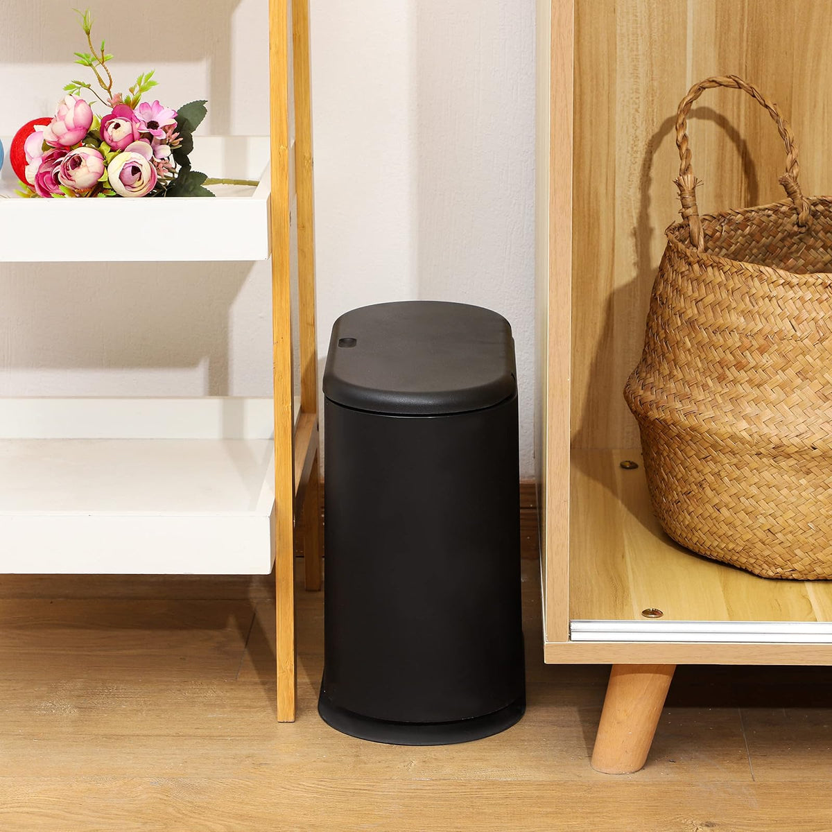Cq acrylic 12 Liter Rectangular Plastic Trash Can Wastebasket with Press Type Lid,3.17 Gallon Dog Proof Garbage Container Bin for Bathroom,Powder Room,Bedroom,Kitchen,Craft Room,Office (Black)