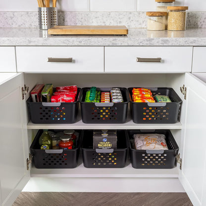 IRIS USA Canasta Mediana de Plástico para Almacenamiento, Paquete de 6, Cesta Organizador para Colgar, para Estantes, Despensas, Cocinas, Armarios, Dormitorios y Baños, Negro