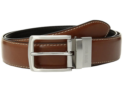 Steve Madden Cinturón de Piel Reversible para Hombre - Coñac - Negro (borde de pluma) - 34
