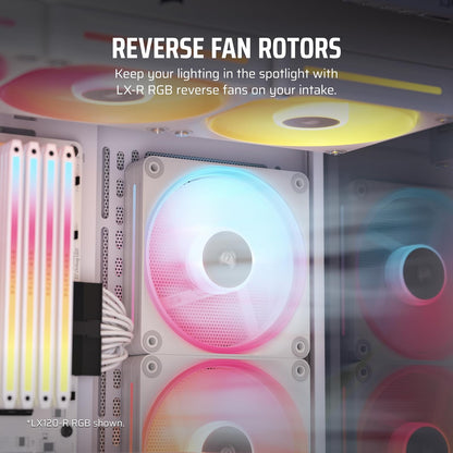 Corsair iCUE Link LX140-R RGB 140mm Ventilador Inverso PWM – Ventilador Único – Bajo Nivel de Ruido, Cojinete de Cúpula Magnética, Lazos de Luz Duales, Tornillos QuikTurn™, Cero RPM – Blanco