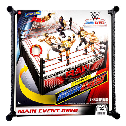 Mattel WWE - Anillo de Superestrella con Etiquetas, Evento Principal y Crudo, Alfombrilla de Anillo con Resorte y Cuerda elástica de tensión Profesional