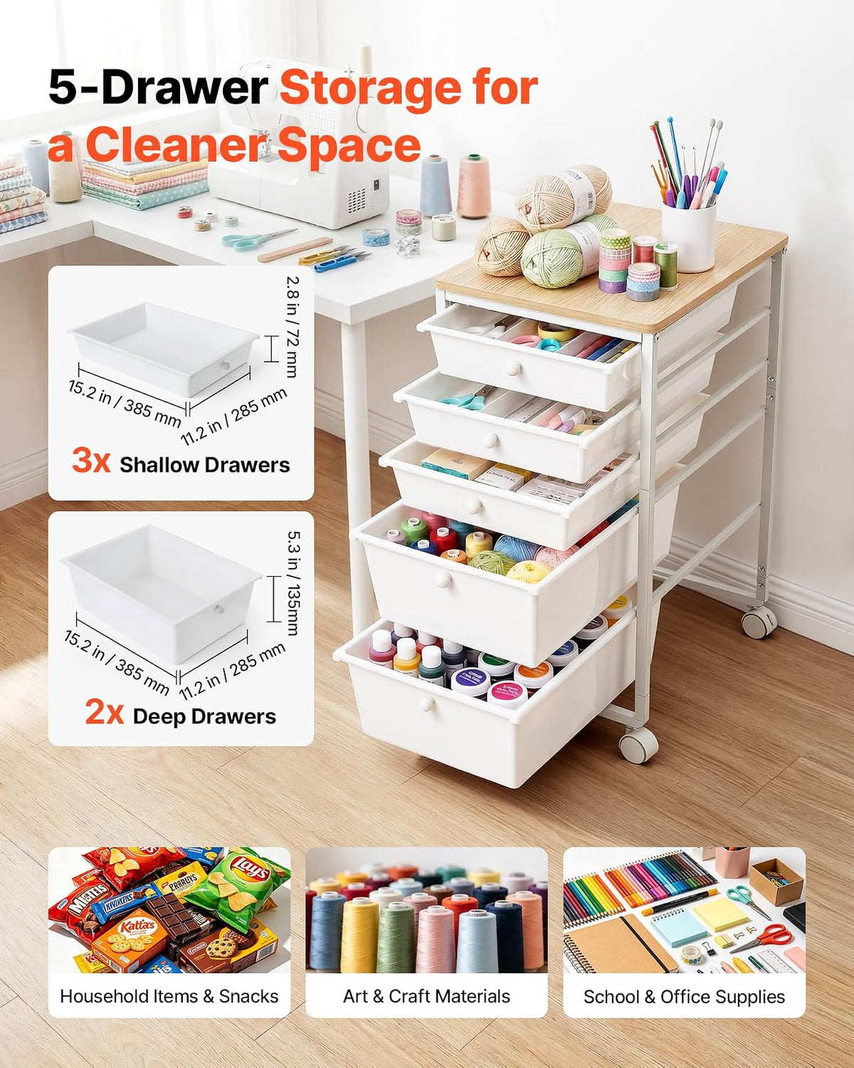VEVOR Carrito Organizador de Metal con 5 Cajones, Carrito Almacenamiento | con Ruedas Giratorias de 360° y 2 Frenos, Tapa de Madera, Destornillador para Garaje Manualidades Baño Oficina Dormitorio