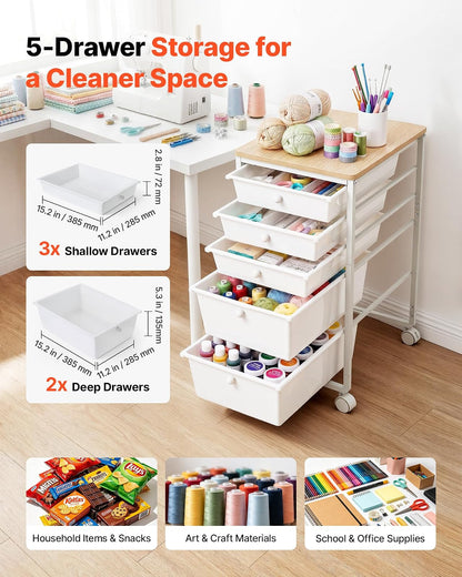 VEVOR Carrito Organizador de Metal con 5 Cajones, Carrito Almacenamiento | con Ruedas Giratorias de 360° y 2 Frenos, Tapa de Madera, Destornillador para Garaje Manualidades Baño Oficina Dormitorio