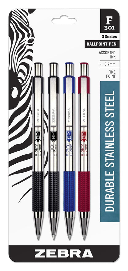 Zebra F-301 Stainless Steel Retractable Ballpoint Pen, 0.7mm, Assorted, 4 Pack (27104)
