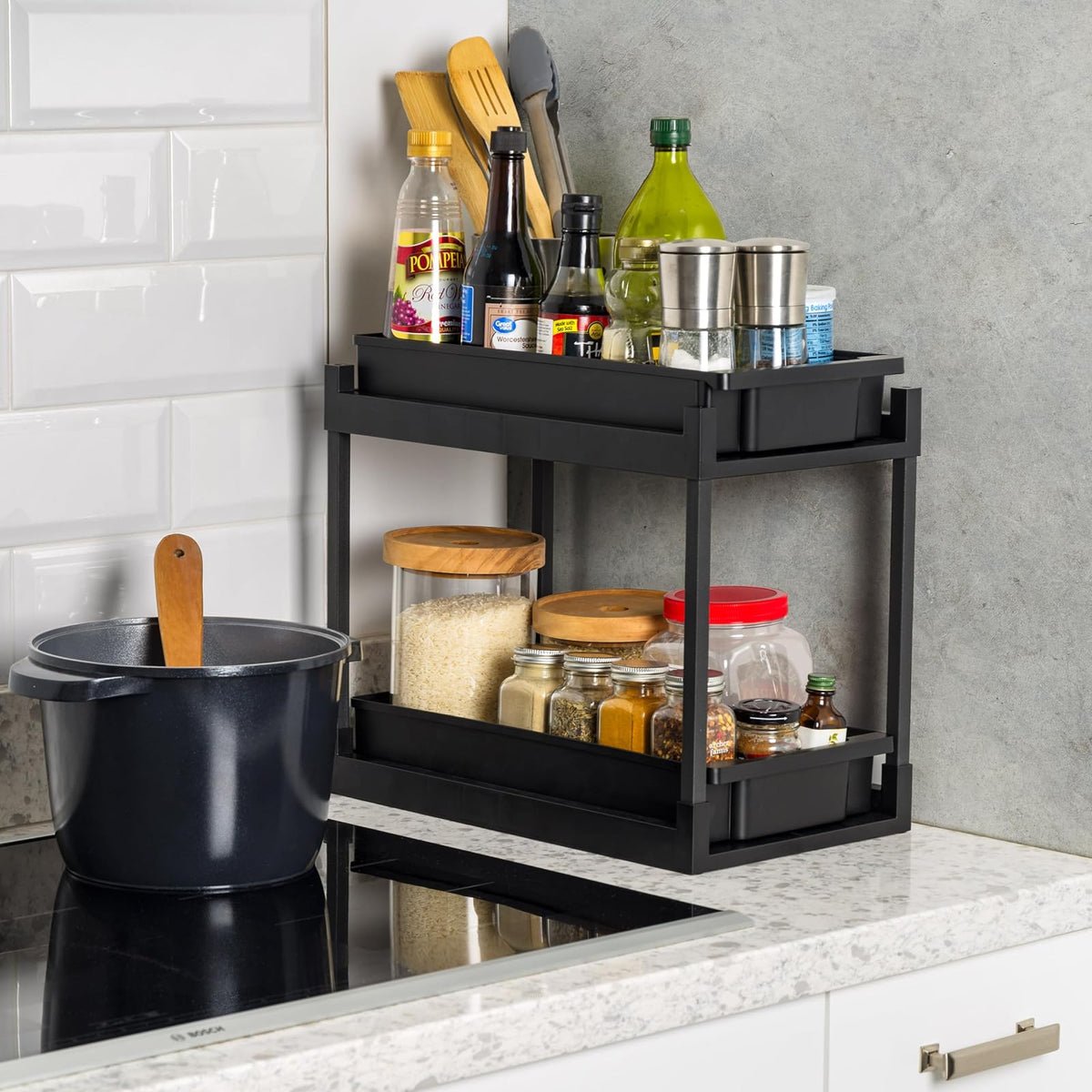 IRIS USA Organizador Bajo el Fregadero, organizador de almacenamiento bajo gabinete, estantes de baño, especiero, cajones extraíbles para el hogar, gabinetes, despensa, encimera, oficina, negro