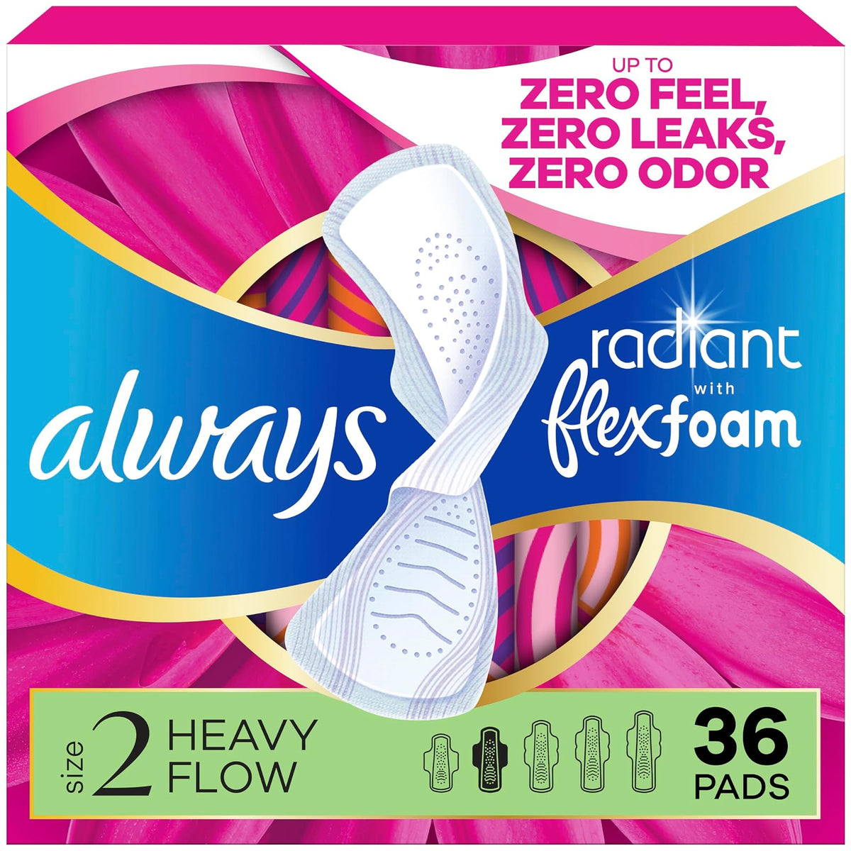 Always Radiant FlexFoam Almohadillas para mujer, talla 2, pesadas con alas, aroma ligero y limpio, 36 unidades