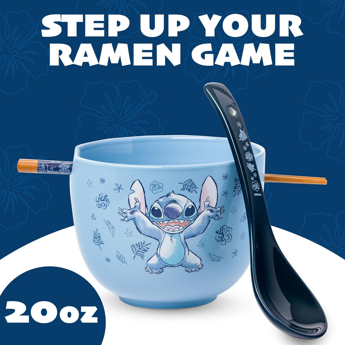 Silver Buffalo Tazón de Cerámica Floral Lilo y Stitch 20 oz | Con palillos y cuchara, apto para microondas y lavaplatos, decoración floral