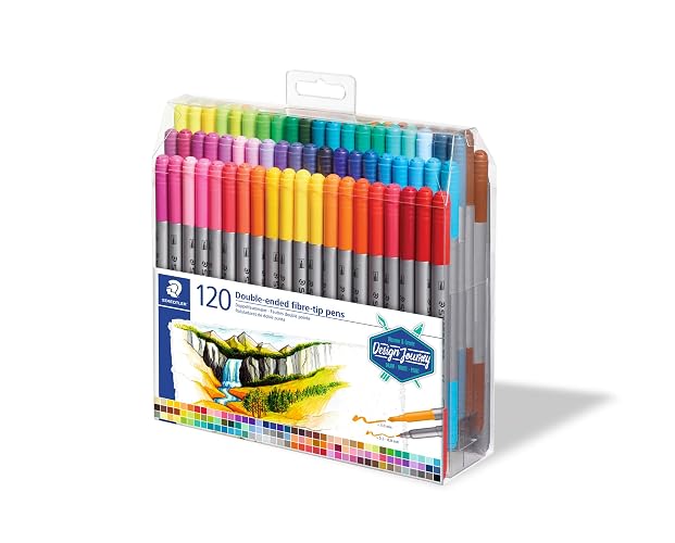 Staedtler bolígrafos de punta de fibra de doble punta, tinta lavable, puntas de escritura fina y negrita, 120 colores surtidos, 3200 TB120, multicolor (3200 TB120ST)