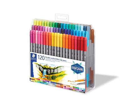 Staedtler bolígrafos de punta de fibra de doble punta, tinta lavable, puntas de escritura fina y negrita, 120 colores surtidos, 3200 TB120, multicolor (3200 TB120ST)