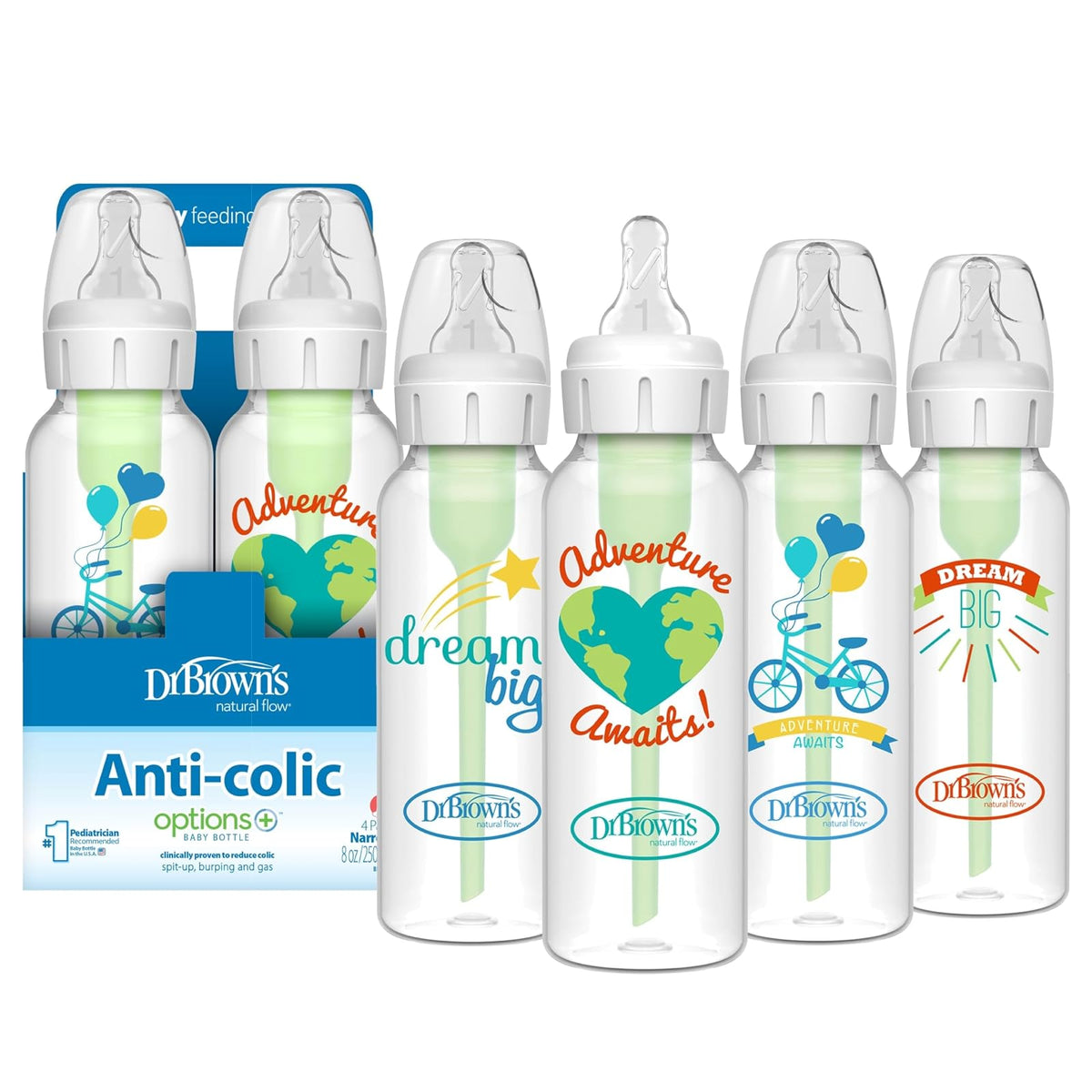 Dr. Brown's Opciones anticólicos + biberones estrechos, 0 m+ nivel 1 pezón – botella para reducir los cólicos, paquete de 4, 8 onzas, diseños de aventura de ensueño