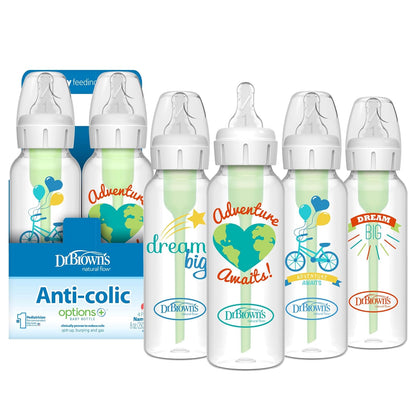 Dr. Brown's Opciones anticólicos + biberones estrechos, 0 m+ nivel 1 pezón – botella para reducir los cólicos, paquete de 4, 8 onzas, diseños de aventura de ensueño