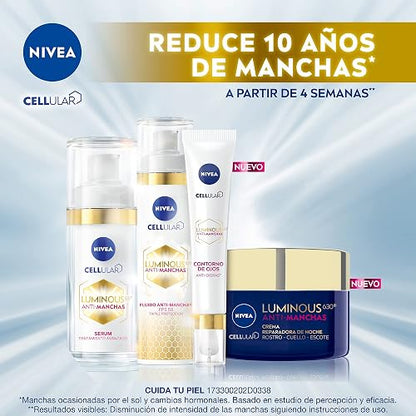 NIVEA Kit Anti-manchas Rutina Facial Completa Luminous 630 (4 piezas), Enriquecida con Ácido Hialurónico Serum facial + Fluido facial con Vitamina E y FPS50 + Contorno de Ojos Anti-ojeras + Crema de Noche Reparadora
