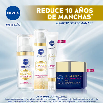 NIVEA Kit Anti-manchas Rutina Facial Completa Luminous 630 (4 piezas), Enriquecida con Ácido Hialurónico Serum facial + Fluido facial con Vitamina E y FPS50 + Contorno de Ojos Anti-ojeras + Crema de Noche Reparadora