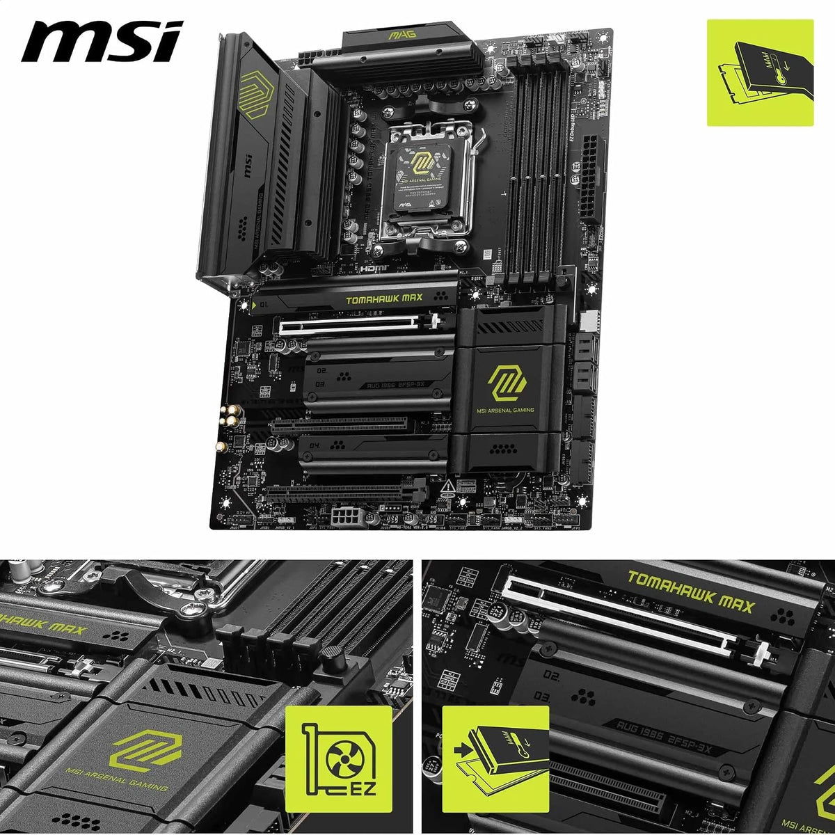 MSI MAG B850 Tomahawk MAX WiFi V1 Motherboard, ATX - Compatible con procesadores AMD Ryzen 9000/8000 / 7000, AM5-80A SPS VRM, DDR5 Memory Boost 8400+ MT/s (OC), PCIe 5.0 x16, M.2 Gen5, Wi-Fi 7, 5G LAN