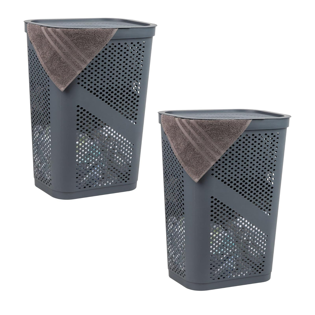 Mind Reader 60L Slim Laundry Hamper, Clothes Basket, Lid, Ventilated, Plastic, 17.25" L x 13.75" W x 23.5" H, Set of 2, Gray - Gray - 2-Pack