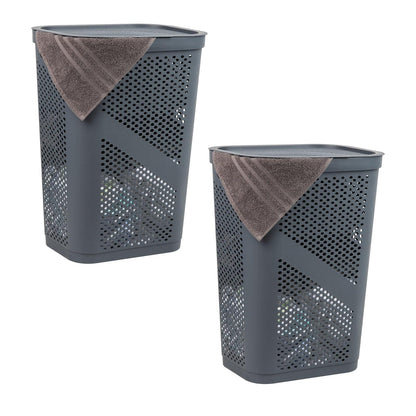 Mind Reader 60L Slim Laundry Hamper, Clothes Basket, Lid, Ventilated, Plastic, 17.25" L x 13.75" W x 23.5" H, Set of 2, Gray - Gray - 2-Pack