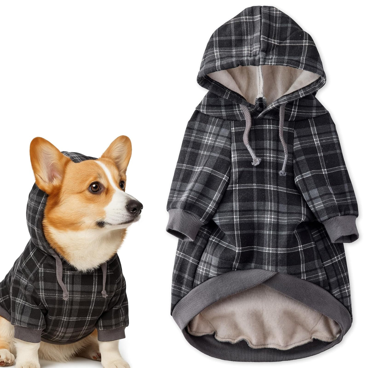 Pet Passion Rocky II Sudadera con Capucha de Algodón Orgánico para Perro - X-Large (55-80 lbs) - Cuadros de arena negra